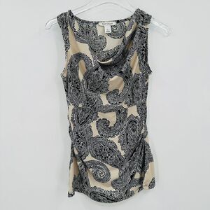 WHBM Size XS Tan & Black Paisley Print Sleeveless Scoop Neck Tank Top Blouse